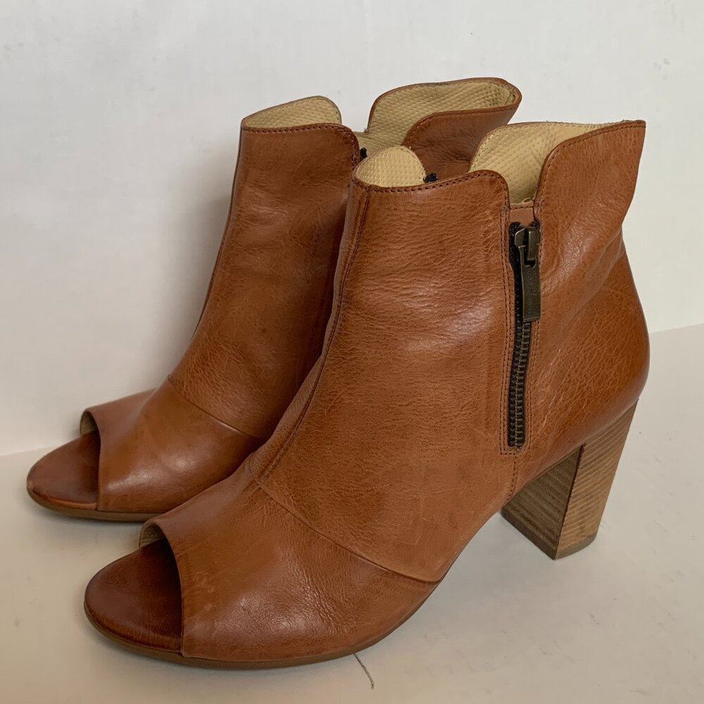 Paul Green Bellini peep-toe leather ankle boots brown open toe side zip sz 9.5